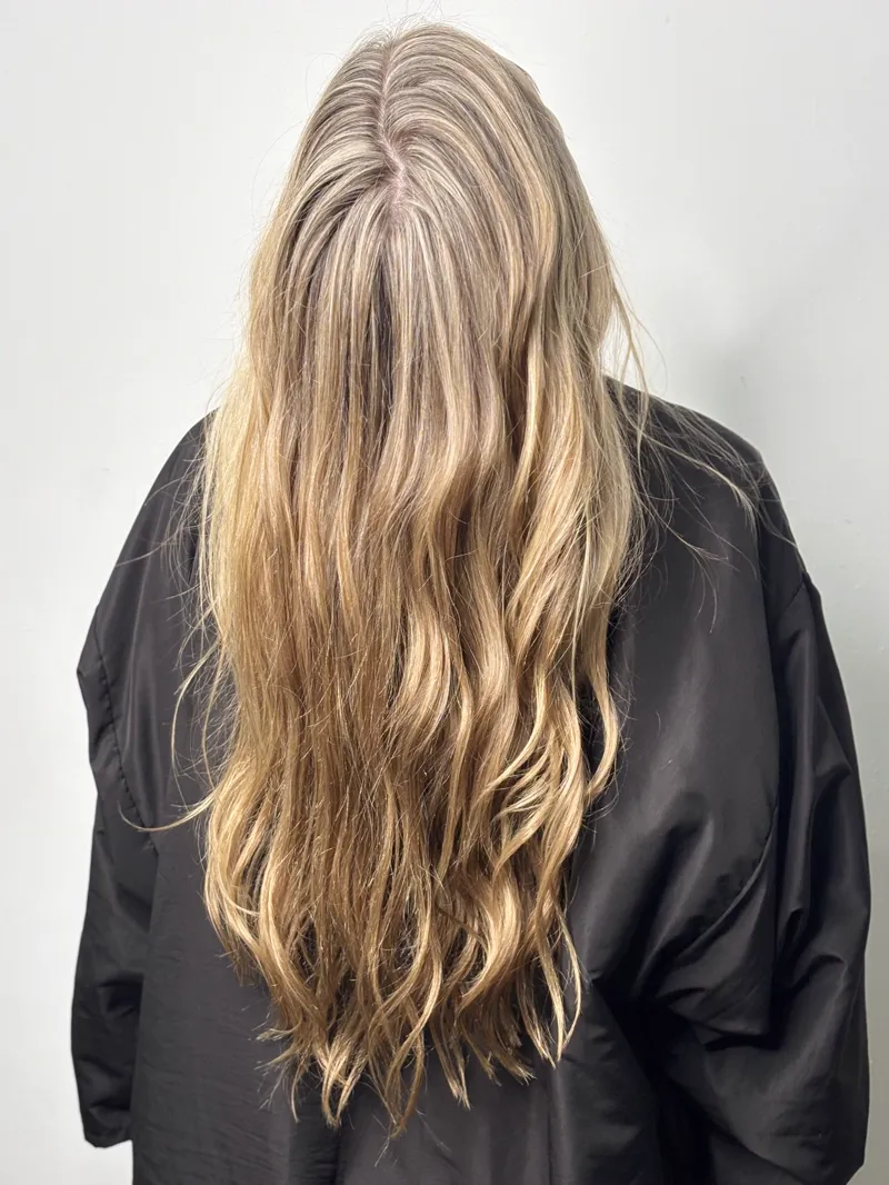 Cabello largo con mechas rubias visto de espaldas